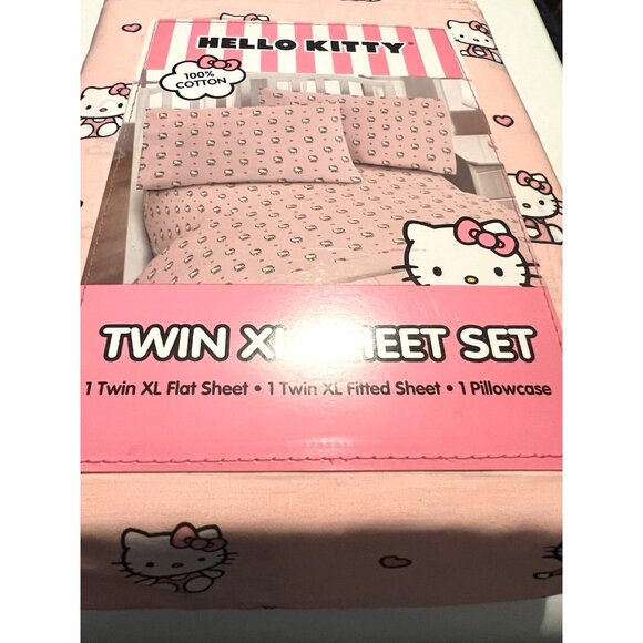 NWT SANRIO HELLO KITTY Twin X-Long Sheet Set w/ Pink Bows & Hearts 100% Cotton - Picture 7 of 9
